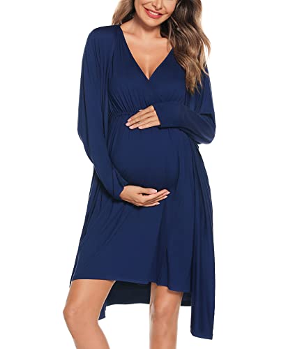 Image of SWOMOG Women Maternity Nursing Gown and Robe Set 3 in 1 Labor Delivery Nursing Nightgown for Breastfeeding Hospital Bathrobe
