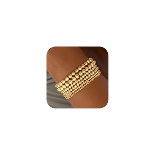 Eaciy Gold Bracelets for Women, 6PCS 14K Gold Plated Beaded Bracelets Gold Strand Bead Ball Bracelet Stack Set Adjustable Bracelet Set Waterproof Jewelry for Women Gifts Non Tarnish