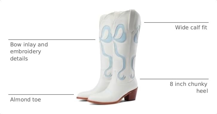Image of Women's White Cowgirl Boots with Bow Knee High Cowboy Boots Almond Round Toe Chunky Heel Embroidered Western Cowboy Boots for Women