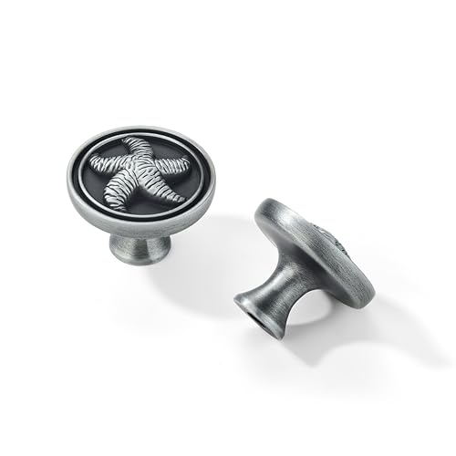 khtumeware 5 Pack 1-1/2 inch Brushed Satin Pewter Starfish Cabinet Knobs Zinc Alloy Cabinet pulls for Bathroom Cabinets Kitchen Cabinets Drawers Wardrobes Furniture Seaside Cottage