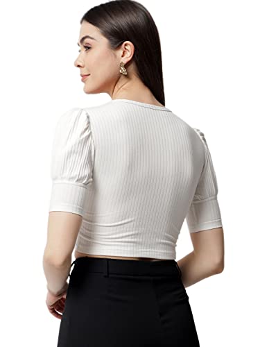 Image of POPWINGS Solid Ribbed Slim Fit Crop Tops for Women | Polycotton Stylish Western 3 /4 Puff Sleeves Casual and Summer Crop Tops for Women