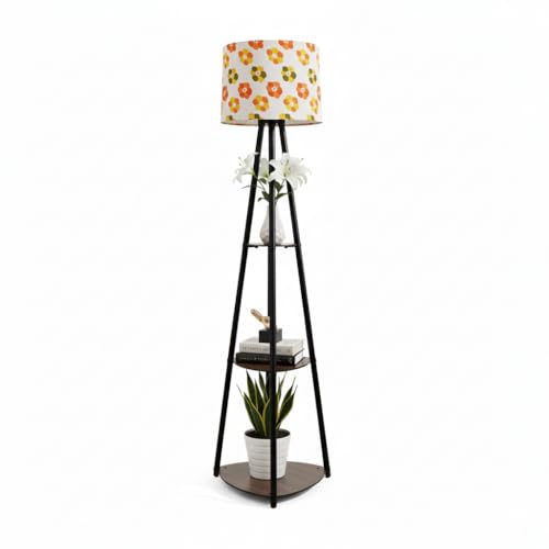 Image of Tripod Metal Floor Lamp with Shelves Stylish Standing Lamp for Living Room Decoration Bedroom Corner Stand Aesthetic Home Decor LED Bulb Included Retro Flower