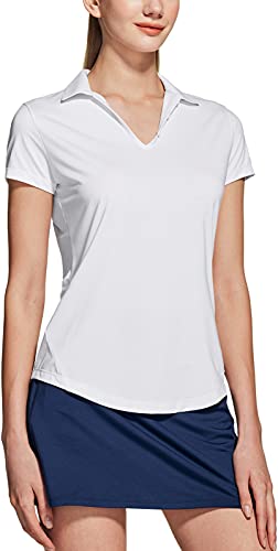 TSLA Women's Short Sleeve Polo Shirts, UPF Moisture Wicking Casual Shirts, Performance Stretch Golf Shirt, Stretch Polo Shirt White, Medium