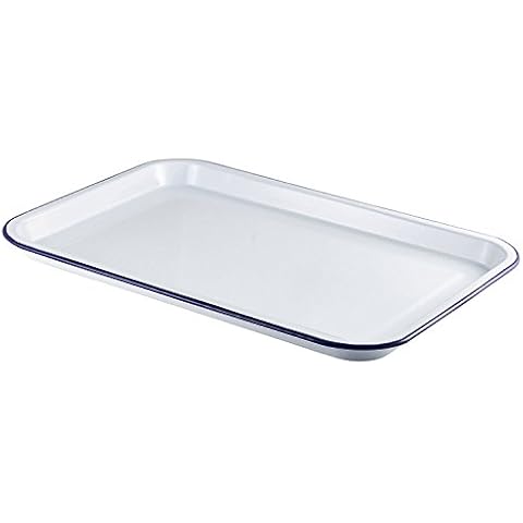 Barmans SB-122 Enamel Serving Tray White with Blue Rim - Rustic Baking Tray, Enamelware, Blue,White, 38.2cm x 26.4cm Cover