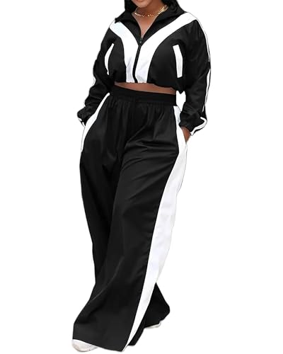 Women Striped Workout Sets Fall Outfits Zip Up Windbreaker Jacket Wide Leg Pant Tracksuit Oversized Sweatsuit Black M
