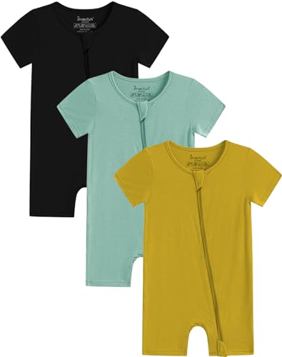 Image of Jimonda Boys Baby Girls Short Sleeve Romper Unisex Baby Footless Pajamas With Viscose 2-Way Zipper Front 3Pcs0-24Months