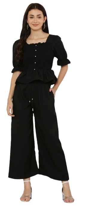 bjird Women Crepe Crop Top and Palazzo Set for Women and Girls Color Black-picture-25