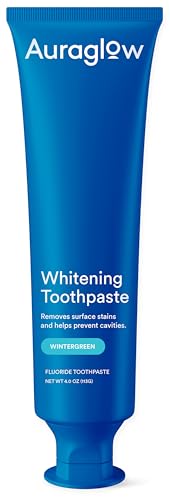 Image of Auraglow Whitening Toothpaste, Hydrogen Peroxide Toothpaste with Fluoride, Whitens Teeth, Prevents Cavities, Strengthens Enamel for Adults, Kids Oral Care, Wintergreen Flavor, 4 oz (1 Pack)