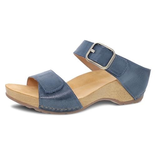 Dansko Tanya Slip-On Wedge Sandal for Women - Cushioned, Contoured Footbed for All-Day Comfort and Support - Hook & Loop Strap with Buckle Detail - Lightweight Rubber Outsole Blue 9.5-10 M US