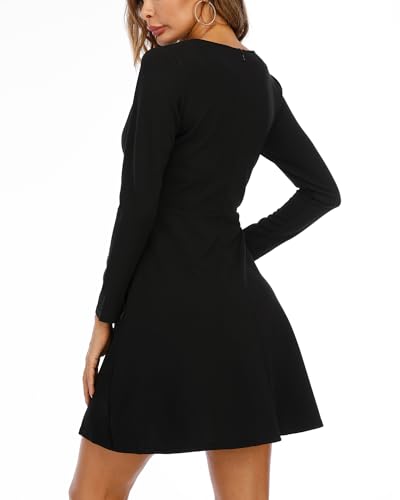 Jusfitsu Womens Long Sleeve Dress Casual Simple Dresses A-Line Knee Length Skirt Slim Fit Skater Dress4