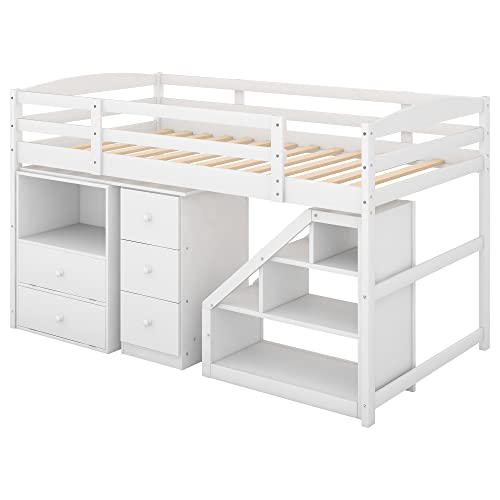 Citylight Low Loft Bed With Staircase And Movable Built-In Desk, Twin Size Loft Bed With Storage Cabinets, Wooden Study Loft Bed For Kids, Teens, Girls Boys (Twin, White) #TOP5