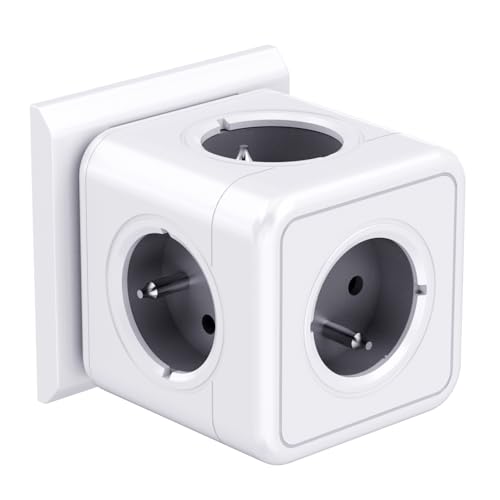 5 en 1 Prise cubique, multiprise Murale, 3680W Murale Prise, 5 Prises Frontales avec Terre, 5AC Adaptateur Multiprise Cube pour Domicile, Bureau, Gris
