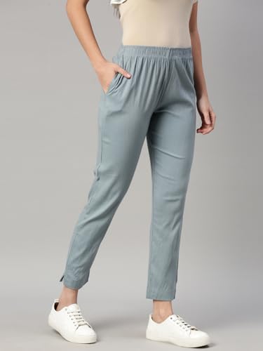 Image of MINELLI Women Solid Cigar Pants, Cotton Lycra Slub Fabric, Elasticated Waistband, Pull On Style, Regular Fit Bottom Wear for Western and Ethnic Wear