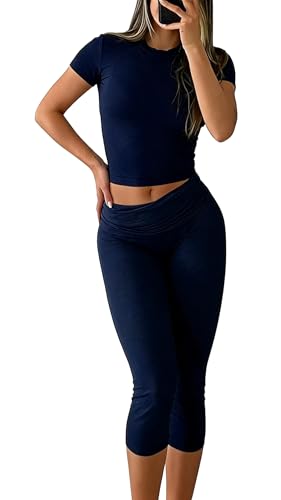YETOWA Womens 2 Piece Workout Sets High Waisted Tummy Control Crop Top Capri Leggings Stretchy Soft Activewear