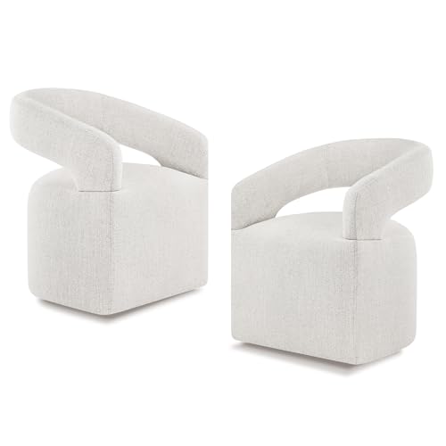 Image of KISLOT Upholstered Dining Chairs Set of 2, Modern Rolling Dining Chairs with Hidden Casters, Arm Kitchen Chairs with Linen Look Fabric, Padded Barrel Chairs for Dining Room, Kitchen, Bedroom, Beige