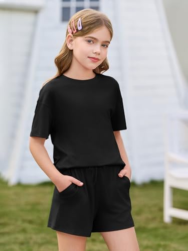Image of Haloumoning Girls Summer 2 Piece Outfits Kids Oversized T Shirts and Shorts Clothing Sets 5-14 Years