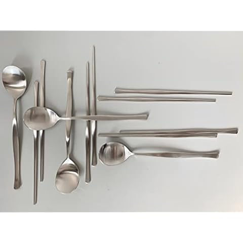 cozymomdeco Korean Made 18-10 Stainless Steel Curve Design Flatware Silver Color Spoon & Chopsticks,4SET (4) Cover