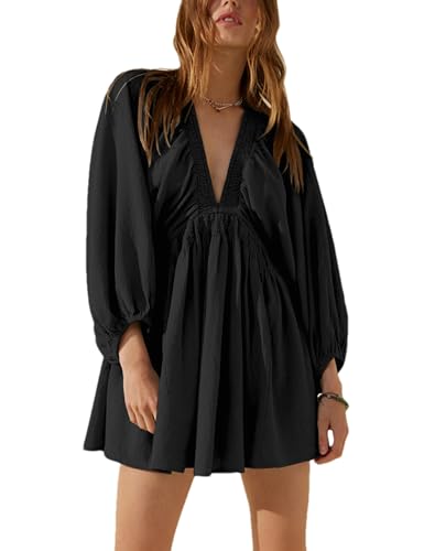 Women's Sexy Long Sleeve V Neck Tunic Dress Casual Loose Flowy Mini Swing Shift Dresses