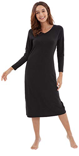 WiWi Bamboo Cotton Nightgowns for Women Soft Long Sleeve Loungewear V Neck Sleepwear Plus Size Nightshirts S-3X, Black, Large