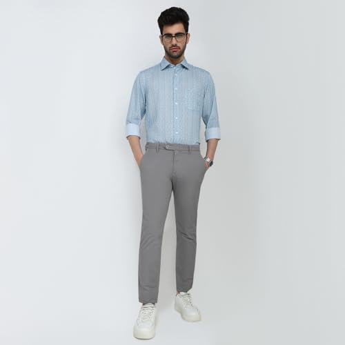 Image of Raymond Men Slim Fit Solid Pattern Cotton Elastane Blend Flat Front Casual Trouser