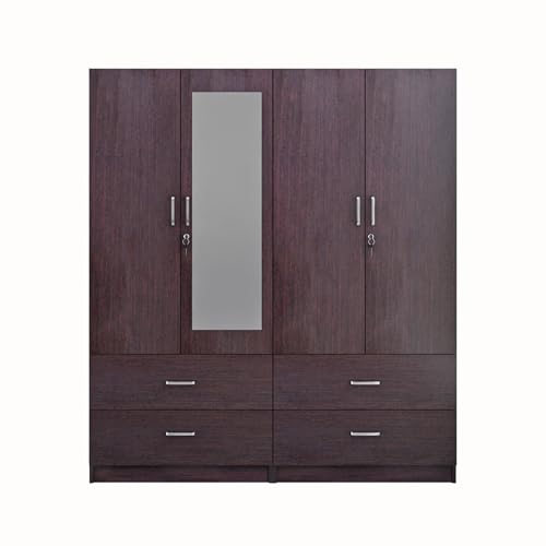 Image of VIKI Wardrobe | Wooden Almirah for 4 Door 4 Drawer with Shelves & Hanging Space Mirror Wardrobe (Dark Wenge - 40D x 160W x 180.8H) | 1 Year Warranty | Free Assembly