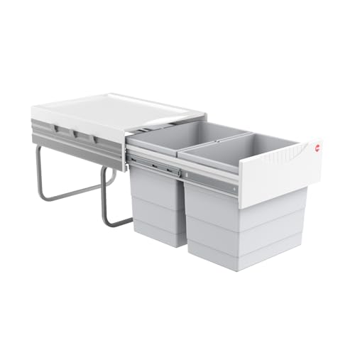 Hailo Abfallsammler 3641500 | Raumspar-Tandem 2x 18 Liter | ab 40cm Schrank mit Drehtür | 346 x 475 x 336 mm | Kunststoffteile hellgrau | 2 fach Abfalltrennsystem | einfache Bodenmontage
