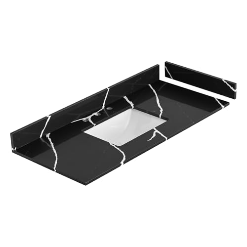 EQLOO 48 in. W x 22 in D Quartz Vanity Top in Black Marquina,with One Sidesplash & One Backsplash, Vanity Sink Top with Assembled Single Drop-in Sink, Pre-Drilled 8 Inch Faucet Hole Countertop