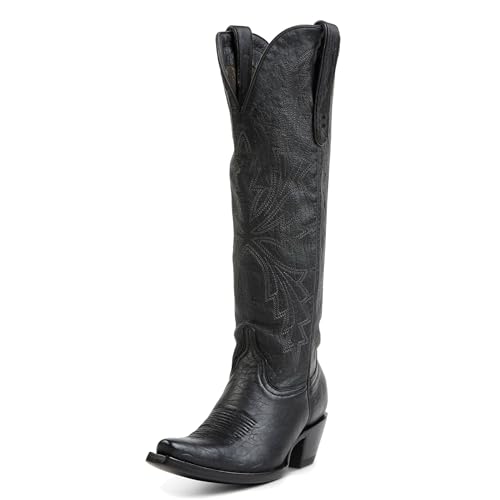 Knee High Cowboy Boots Women Retro Slip On with Classic Embroidery Pointed Toe, and Chunky Low Heel for Western Style