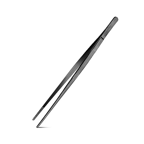 Kitchen Tweezers Fine Tweezer Tongs For Cooking, Black Stainless Steel Food Tweezers, Multi-function Precision Serrated Tips Cooking Tongs Kitchen Serving Tong (Black, 10 inch)