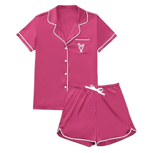 Rooscier Conjunto de pijama feminino de cetim com decote em V, camisa de manga curta com shorts, rosa, GG