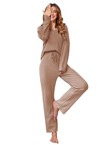 Ekouaer Women's Waffle Knit Pajama Sets Comfy Long...