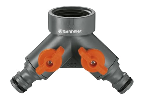 Válvula de 2 vías Gardena: distribuidor de agua para grifo con rosca de 26,5 mm (G 3/4 pulgadas), para la conexión simultánea de dos dispositivos, ambas salidas ajustables (938-20)
