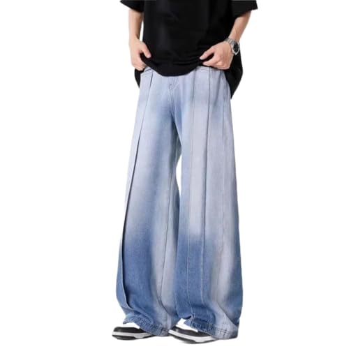 Men Spliced Patchwork Denim Pants Vintage Washed Baggy Wide Leg Hip Hop Style Casual Trousers