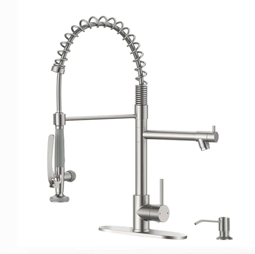 Image of Fapully 4 Hole Kitchen Sink Faucet with Soap Dispenser Brushed Nickel