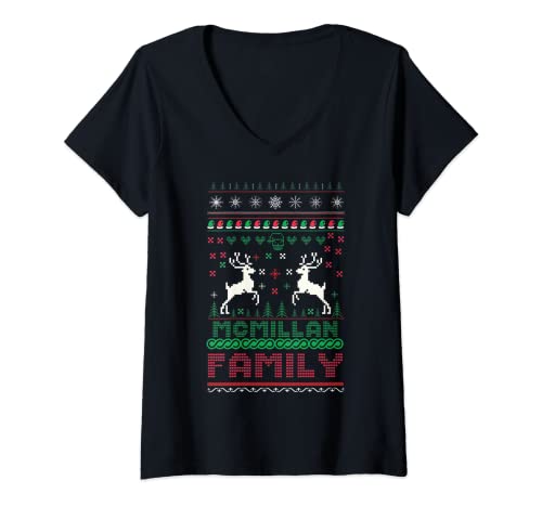 Damen Lustiger passender hässlicher Weihnachts-Familienname Mcmillan T-Shirt mit V-Ausschnitt