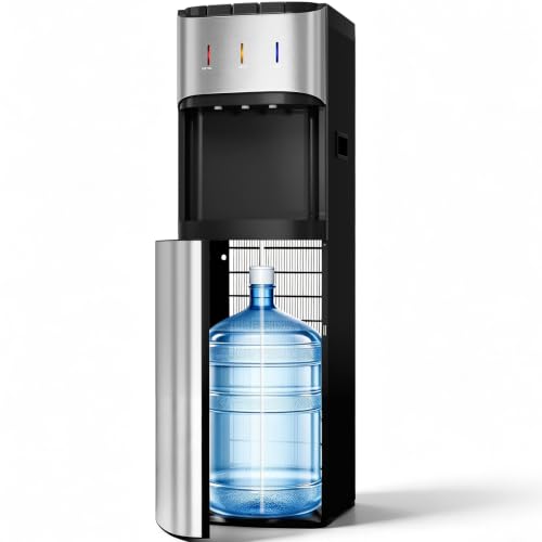 Tehanld Bottom Loading Water Cooler Dispenser for 3 or 5 Gallon Bottles, Stainless Steel Water Dispenser with Hot, Room & Cold Water, Child Safety Lock, Metallic Silver