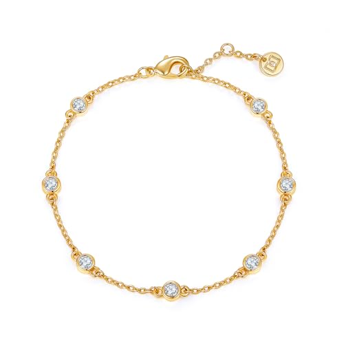 MINDDHA 14K Gold/White Gold Plated Cubic Zirconia Simulated Diamond Pearl Station Infinity Chain Bracelets for Women | Adjustable Chain Bracelet | 6-8 Inch