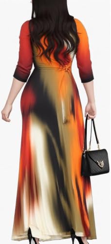 Image of CaniBtr Maxi Dresses for Women Plus Size 3 /4 Sleeve Long Dress with Belt | Versatile plus-size maxi dress,wrap v-neck + waist tie craft soft glamorous looks easily for everyday casual outings