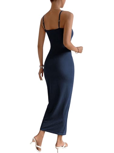 Image of RoseSeek Women's Sexy Twist Front Wrap Hem Bodycon Dress Spaghetti Strap Split Thigh Ribbed Knit Cami Dresses Navy Blue Medium