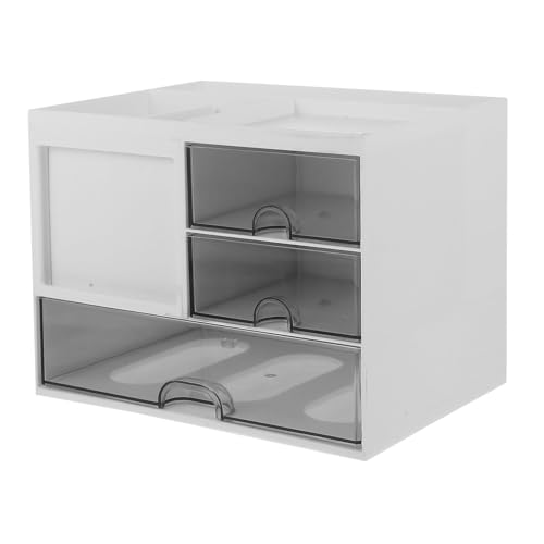 YFFSFDC デスクオーガナイザー 組立不要 卓上収納ボックス 小物入れ｜大容量3段引き出し＋5コンパートメント｜化粧品・文房具・小物・ペン立て・リモコンまでスッキリ収納｜透明設計で中身一目瞭然｜机上シェルフ