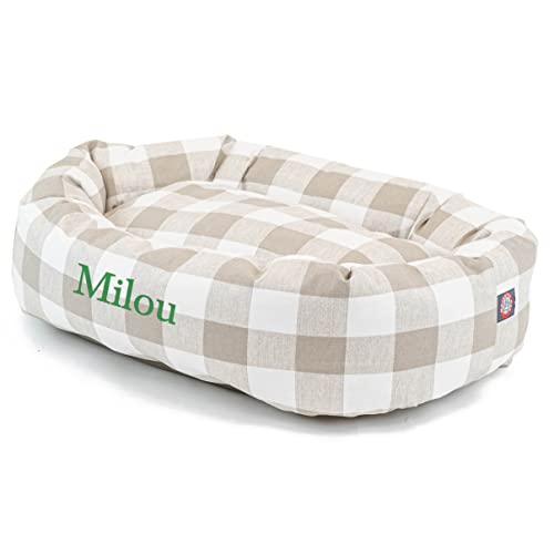 Image of Majestic Pet Anderson Check Personalized Bagel Dog Bed | Donut Style Pet Bed with Custom Embroidered Pet Name | Various Fonts and Thread Colors Available (Large, Neutral Tan)