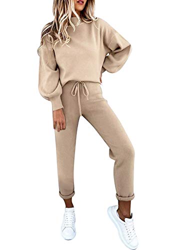 LOV ANNY Womens Long Sleeve Tracksuit Set Casual High Neck Solid 2 Piece Sweatsuits Khaki L