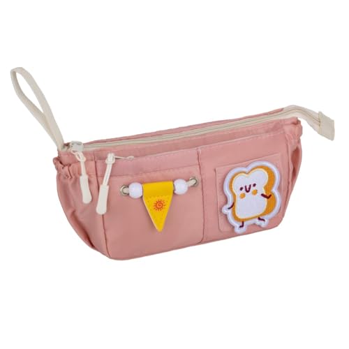 Image of Canvas School Bag Pencil Case, 3 Layer 6 Compartment Large Capacity, Aesthetic Pencil Pouch for Stationary, Cute Stationery for Kids, Pencil Case for Girls & Boys (Peach)