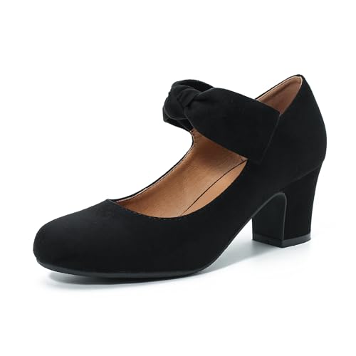 Women's Bow Mary Jane Block Heel Pumps Closed Round Toe Low Chunky Heels Ankle Strap Wedding Dress Evening Party Shoes