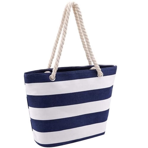 Image of Zuimei Beach Bag,Waterproof Tote Bag Canvas Summer Bags Beach Travel Handbag Stripe Shoulder Bags for Womens Girls Pool Vocation Travel School Work Shopping