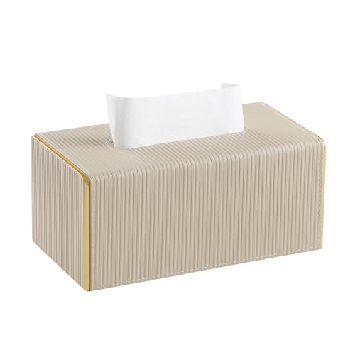 Cretkhp Tissue Box Cover Rectangle, PU Leather Tissue Holder with Magnetic Closure and Gold Trim for...
