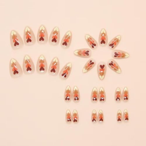 Image of Heart Press on Nails Brown Fake Nails Short Almond False Nails with Design Love Glue on Nails Glossy Artificial Acrylic Nail Full Cover Nude Stick on Nails for Women Manicure 24Pcs