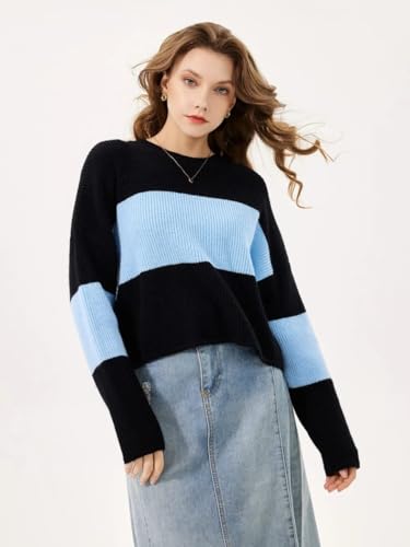 Image of URBANBAG Rolled Edges Striped Sweatshirt Fall Cute Loose Fitting Tops for Women