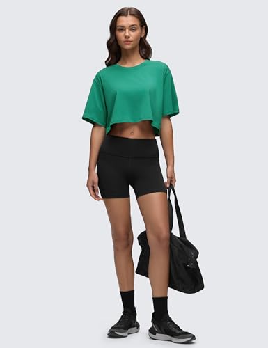 Image of CRZ YOGA Pima Cotton High Neck Crop T-Shirt | Workout, Naturally Soft, Loose Fit, Short Sleeve Tops for Women