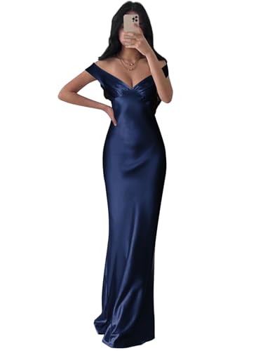 Off The Shoulder Satin Prom Dresses for Women Pleated Backless Long Formal Evening Party Gown